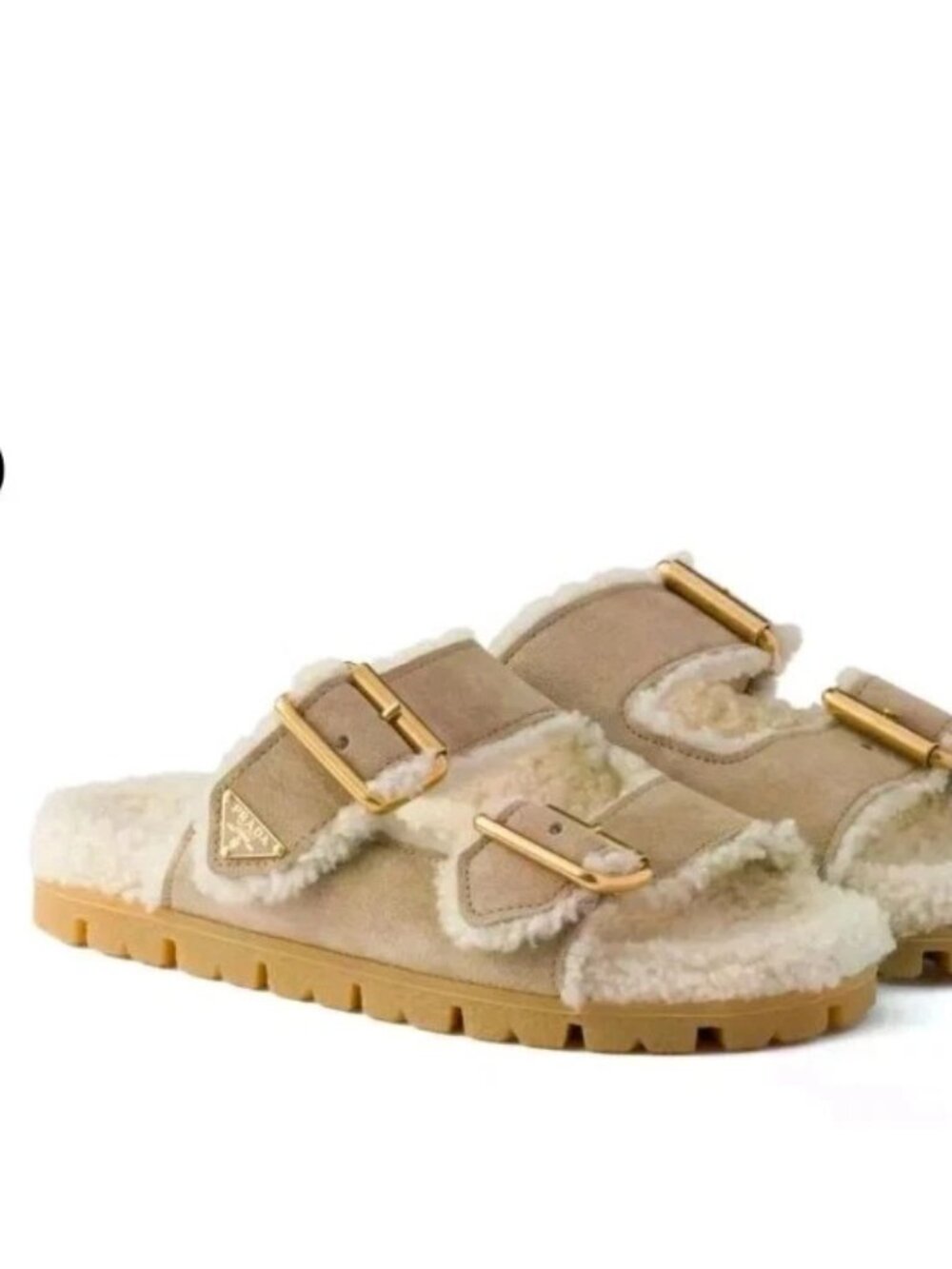 $1,220 Prada Suede and Shearling Beige Logo Slides Shoes EU 38 US 8 BNIB